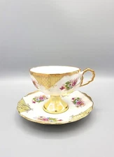 Vintage Floral Porcelain Footed Teacup & Saucer Yellow & Gold Trim