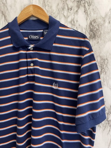EUC Chaps Men's XL Polo Shirt Navy Blue Orange Striped Crest Logo Classic-Fit - Picture 4 of 6