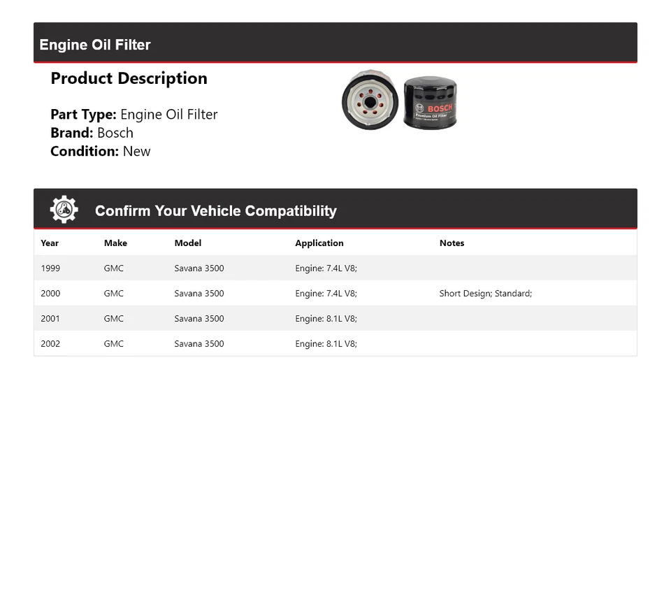 Filtro de aceite premium Bosch 2000 2001 para GMC Savana 3500 1999-2002 Foto 2 de 3