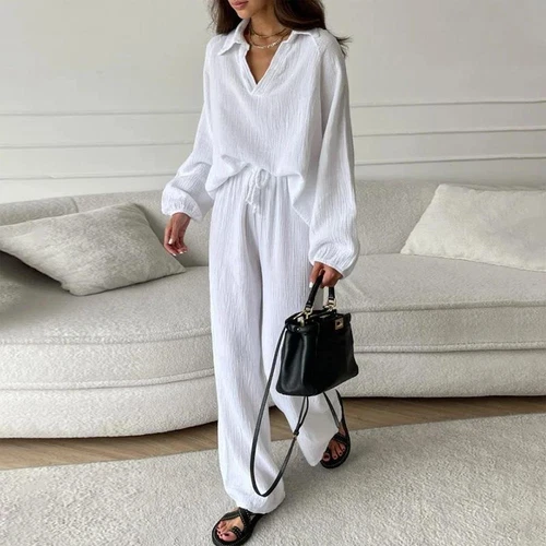 Women V Neck Long Sleeved Top Loose Casual Drawstring Pants Set 2Pcs Set Summer - Picture 2 of 28