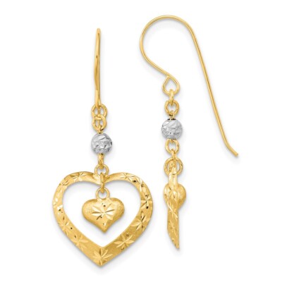 Echte 14kt bicolor Satin Diamantschliff Herz Hänger Hirte Haken Ohrringe