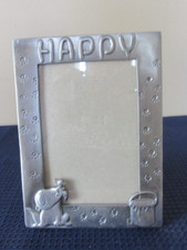 Pewter Happy Dog Picture Frame Holds 3.5"x 5" Paw Prints Border