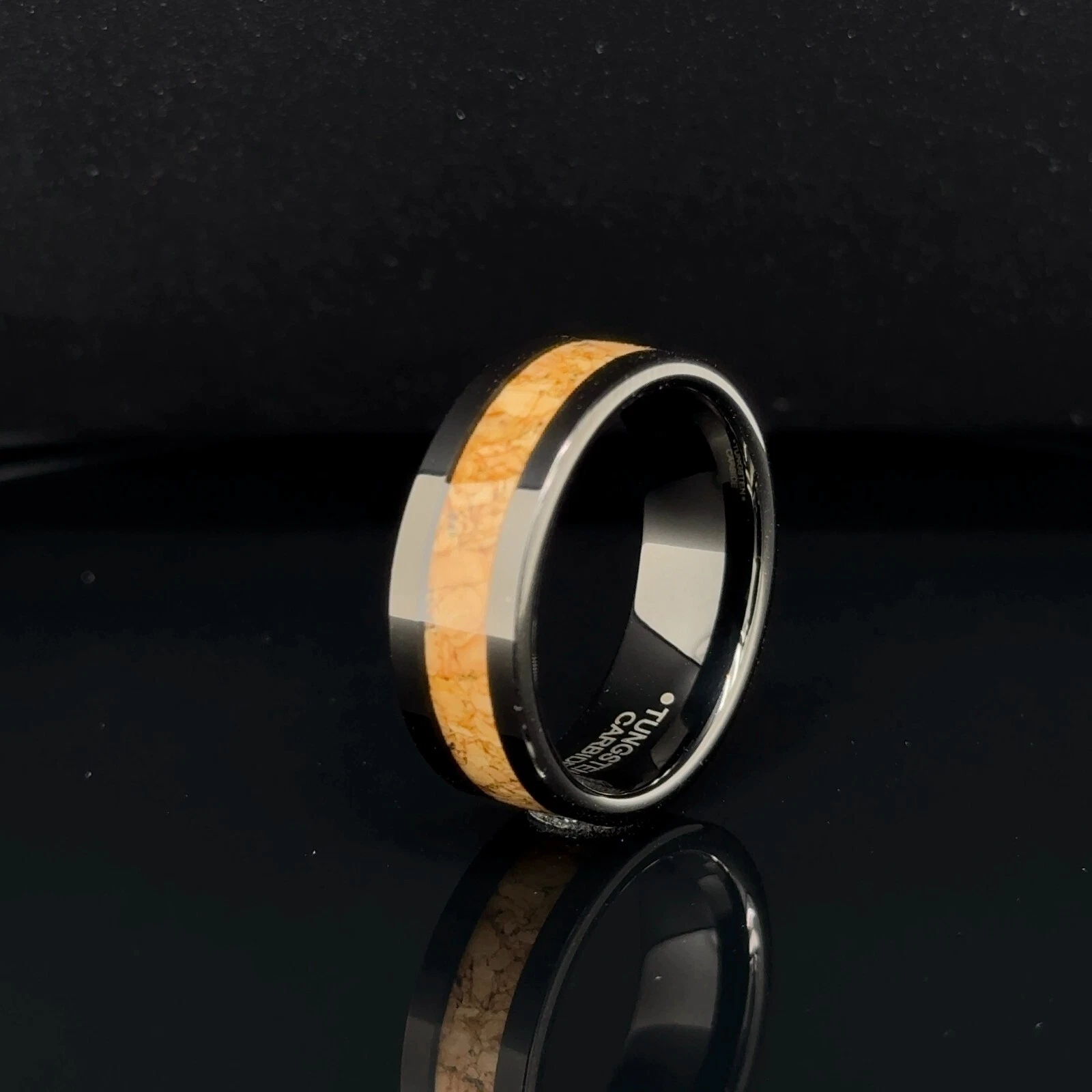 Stylish 8mm Black Tungsten Band Natural Wood Inlay Unisex Modern Engagement Ring