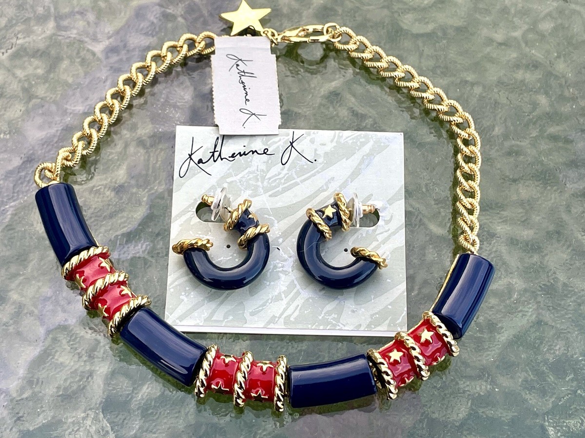 Katherine K Designer Enameled Stone Necklace And Earrings.  NWT