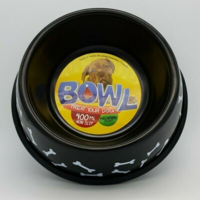 BNWT Unbranded Bone Print Black Non Slip Round Dog Bowl 400ml