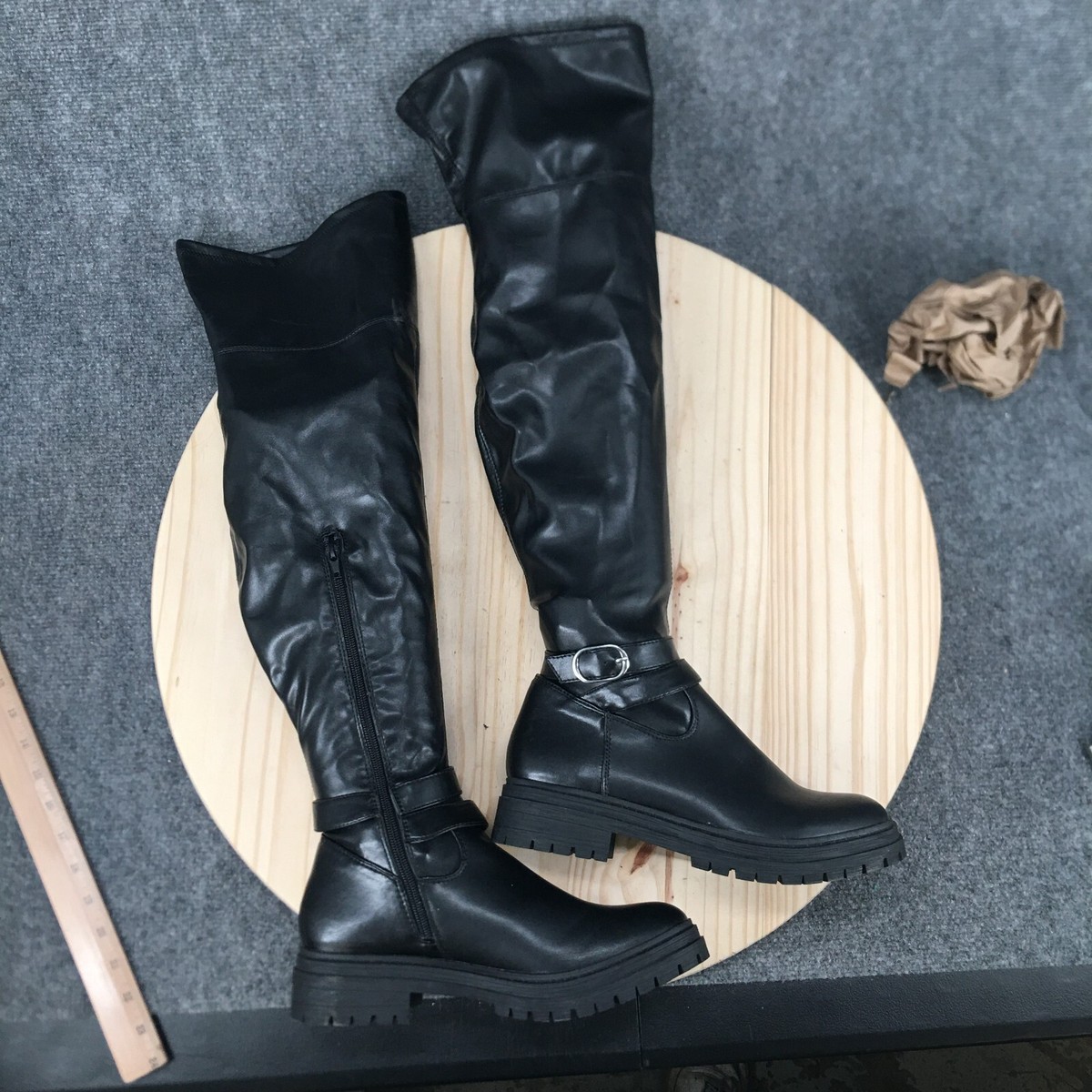 JustFab Boots Womens Pippa Buckle Tall Riding Black Faux Leather Knee  High