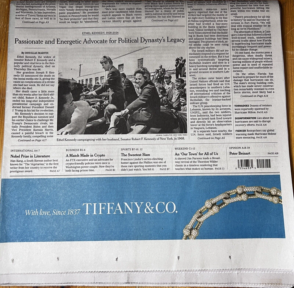 The New York Times Paper October 11 2024 Ethel Kennedy 19282024