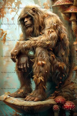 BIGFOOT MUSHROOM FINE ART PRINT, Sasquatch Poster, Forest Wall