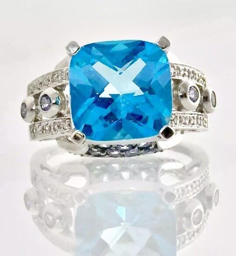 STUNNING 10KT GOLD PRINCESS CUSHION SWISS BLUE TOPAZ & DIAMNOND, TANZANITE RING - Picture 8 of 12