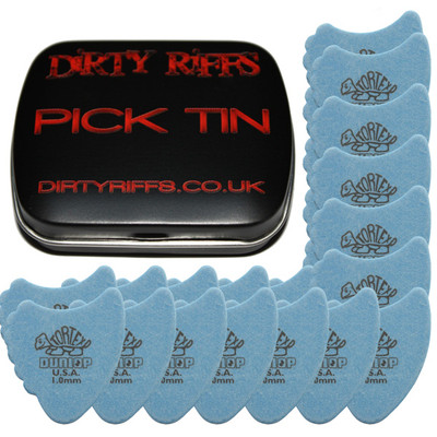 24 x Dunlop Tortex Fin Gitarren-Plektren - 1,00 mm blau in einer handlichen Plektrum-Dose