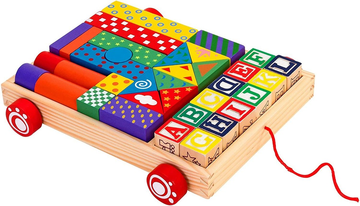 Legnoland Carretto Trainabile Legno con 12 Cubi/23 Costruzioni