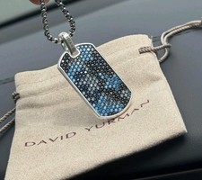 David.Yurman Sterling Silver 44mm Streamline Dog Tag & Camo Sapphires 24 inch