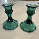 Vintage Indiana Glass Candlestick Holders Teal Blue Green Set 2