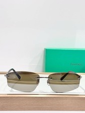 Tiffany  Co. Rimless Rectangle Sunglasses Silver Frame Brown Lenses Unisex Luxu