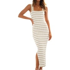 Women's Bodycon Midi Dress Ribbed Knit Striped Size XS