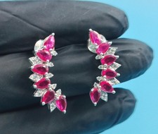 2Ct Pear Cut Lab Created Red Ruby Leaf Line Stud Earrings 14K White Gold Plated