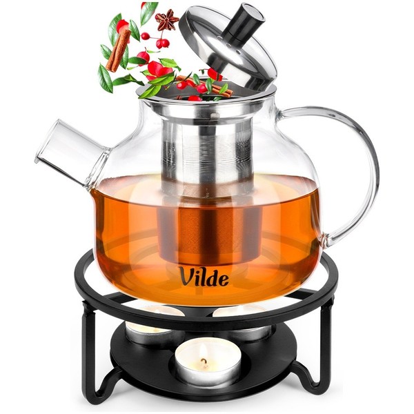 Teekanne Teebereiter Kanne Mit Sieb StöVchen 850Ml Borosilikatglas Edelstahl-image
