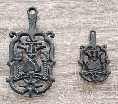 2 Vintage Wilton Cast Iron Trivets Heart Bird Broom Star Design Footed Kitchen