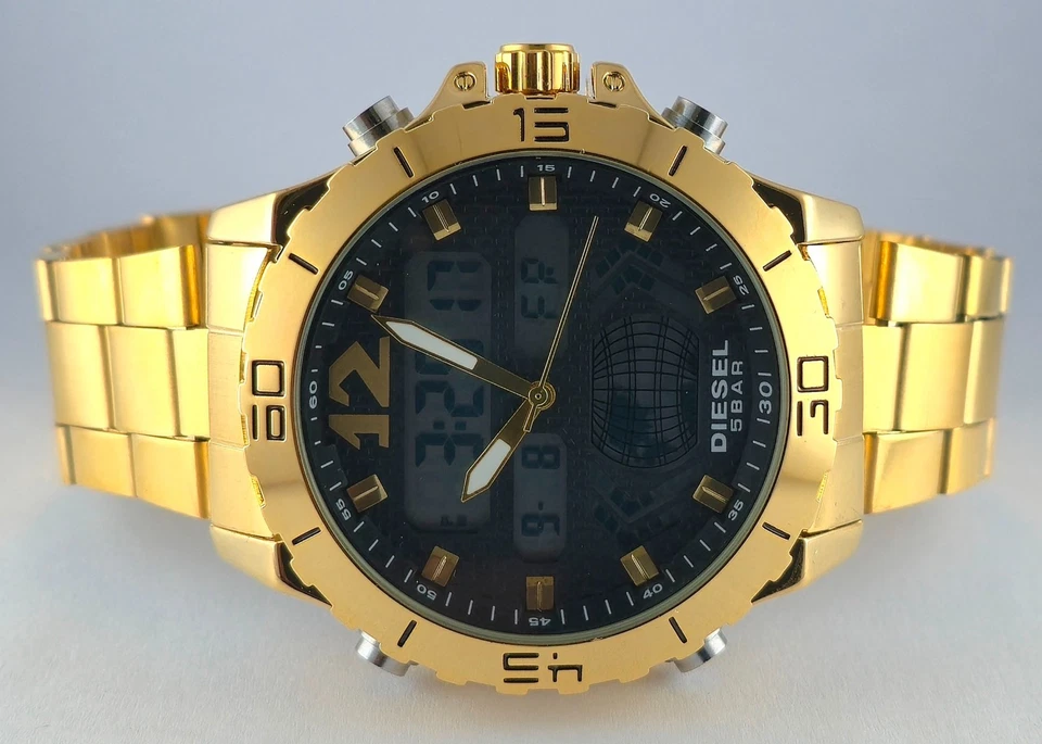 Reloj pulsera de cuarzo de lujo Diesel para hombre analógico-digital esfera negra caja chapada en oro Foto 4 de 4