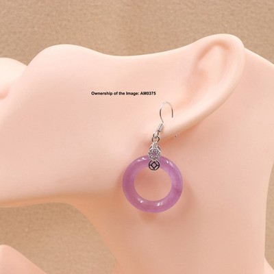 New White Alloy Women Purple Jade Circle Dangle Earrings Drop Hook 40mm H
