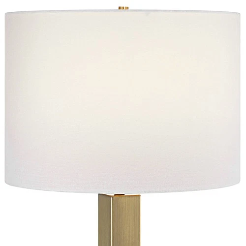 Modern Table Lamp 27" Tall Antique Brass Round White Linen Drum Shade Bedroom - Picture 3 of 8
