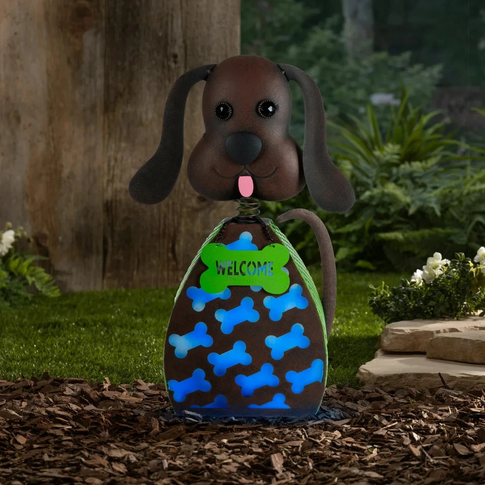 15"H Metal Rustic Brown Painted Solar Powered Light Up Dog NIB - Image 2 of 4