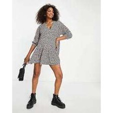 ASOS DESIGN Curve Leopard Mini Dress Cotton Smock Boho Indie Festival Casual