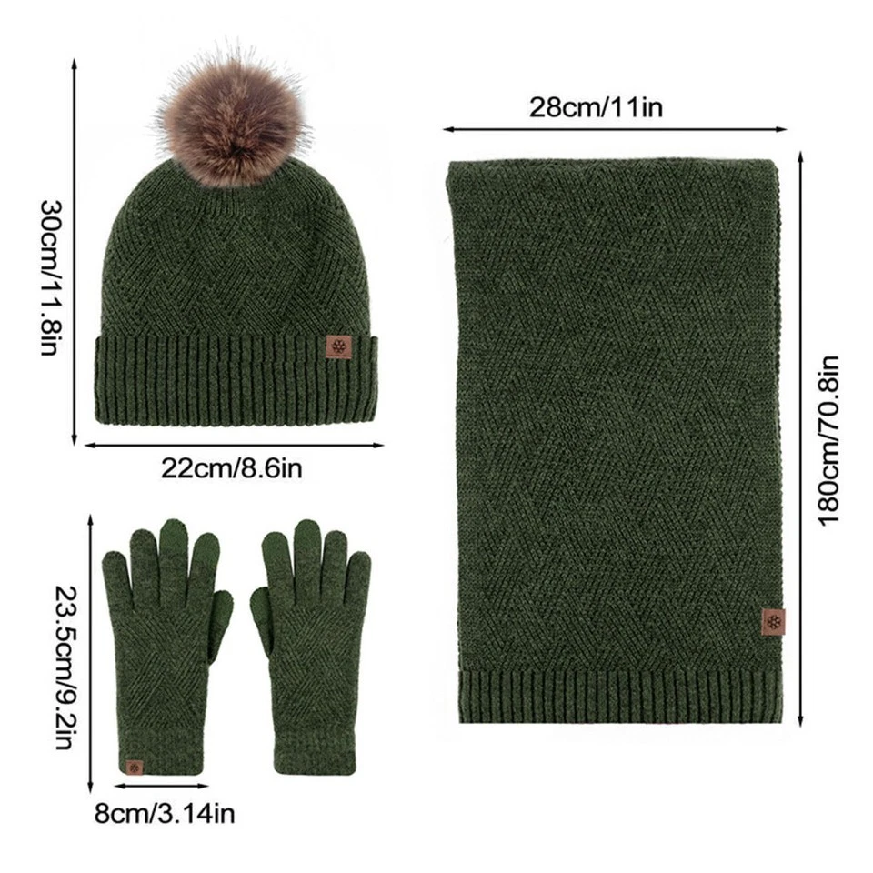 3 PIEZAS Mujeres Tejido Gorro Sombrero Bufanda Guante Conjunto Cuello Cálido Invierno Esquí Nieve Calavera Gorras Foto 2 de 4