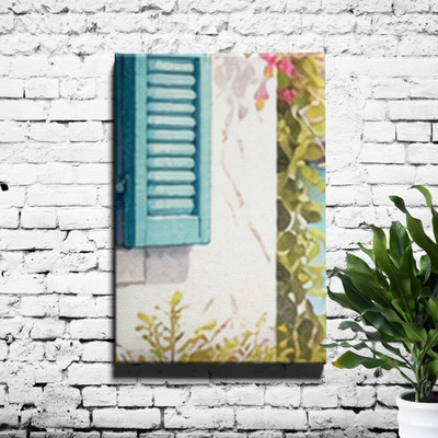 Mediterranean seaside cafe illustration Canvas Art pink bougainvillea on white
