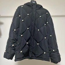 m14S Boutique Moschino Pearl Quilted Jacket XL Black Polyester Oversized Vintag