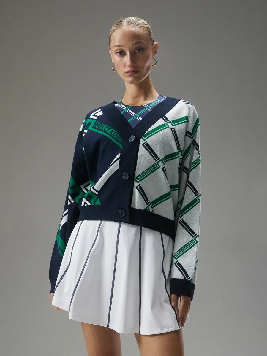 J Lindeberg Womens NK Knitted Cardigan GWKW07499 Green Navy J Lindeberg Womens NK Knitted Cardigan GWKW07499 Green Navy