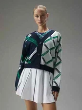 J Lindeberg Womens NK Knitted Cardigan GWKW07499 Green Navy XS Small Medium NEW