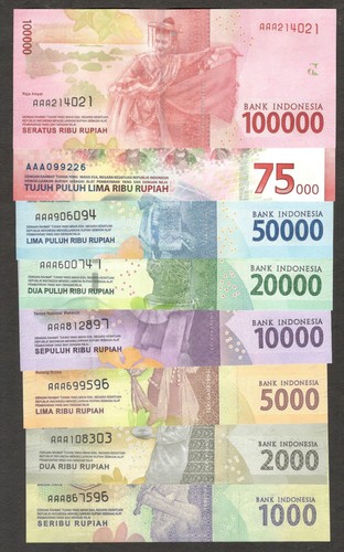 Full Set 8 Pcs First Prefix AAA Indonesia 1000 to 100 000 Rupiah 2016 - 2020 UNC - 第 1/8 張圖片
