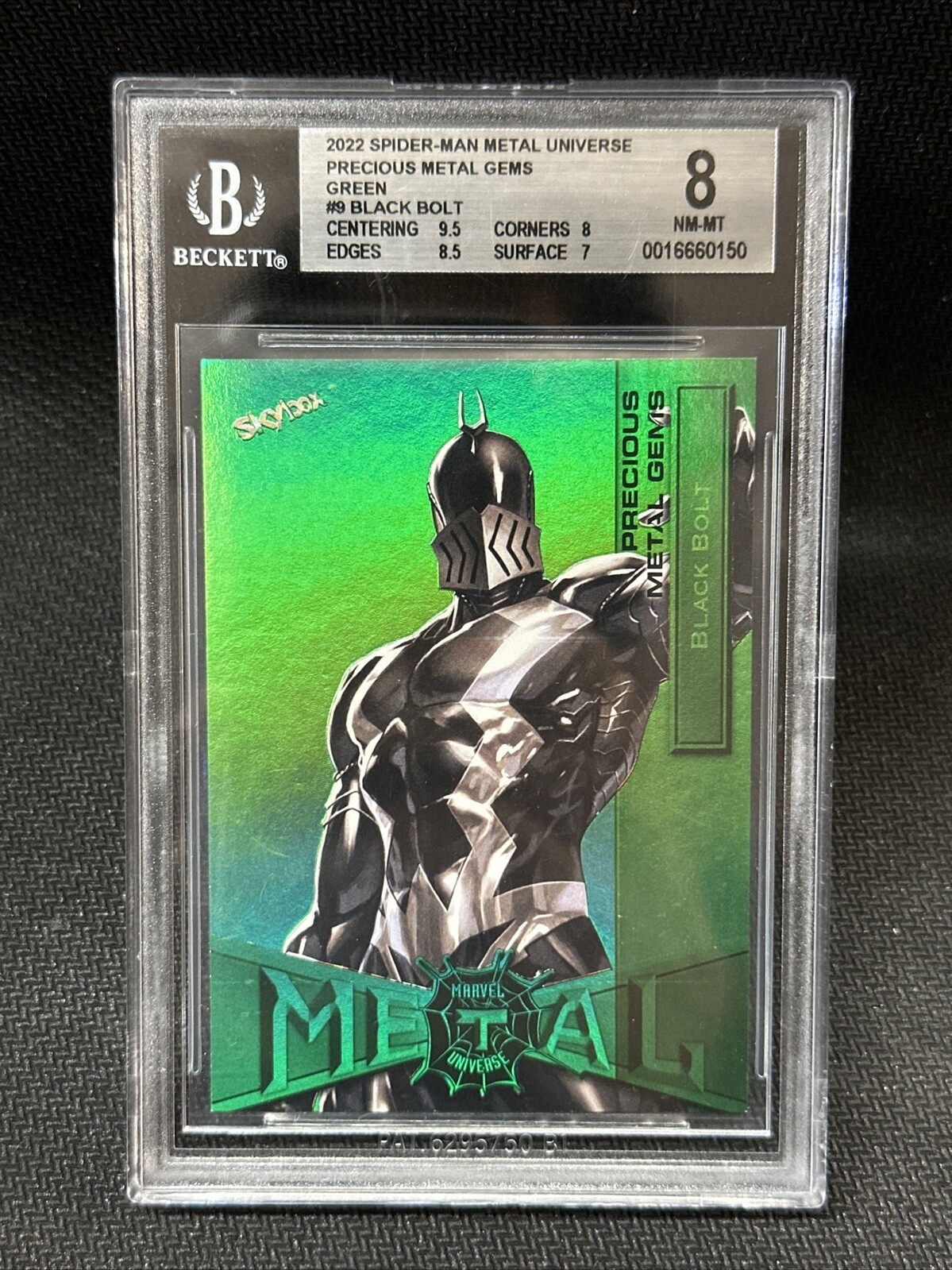 2022 Upper Deck Marvel Metal Universe Spider-Man PMG Green 8/10 Black Bolt #9