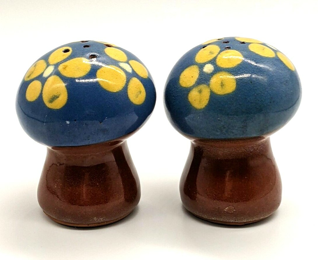 Vintage Mushroom Salt and Pepper Red Clay Blue Top Yellow Flowers