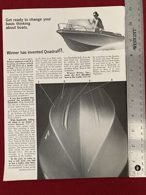 Quadralift Fiberglass Boat Winner Boats, Inc. 1965 Print Ad - Great to Frame!