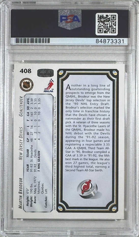 Martin Brodeur auto 1992 Upper Deck RC #408 New Jersey Devils PSA Encapsulated - Image 2 of 3