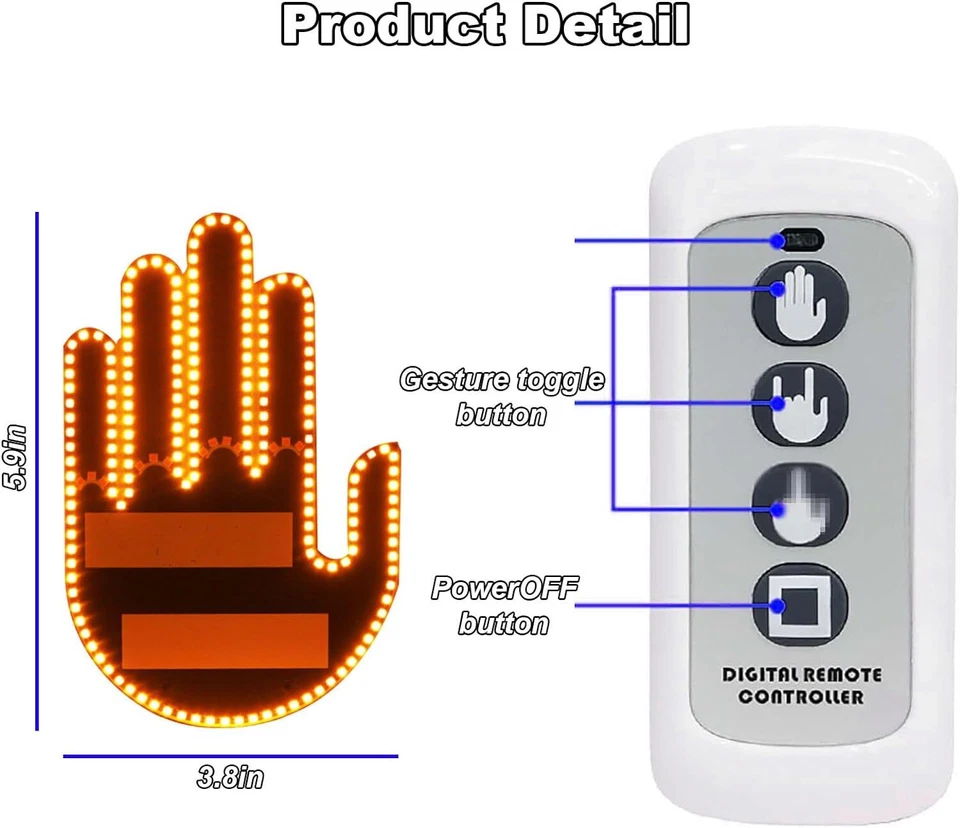 Finger Gesture Light with Remote LED Car Back Window Sign Hand Light Xmas Gift Foto 2 de 4