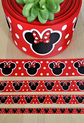 3/8, 5/8, 7/8, 1.5 & 3'' (1 YD) Minnie Mouse Grosgrain Ribbon Disney Polka Dots