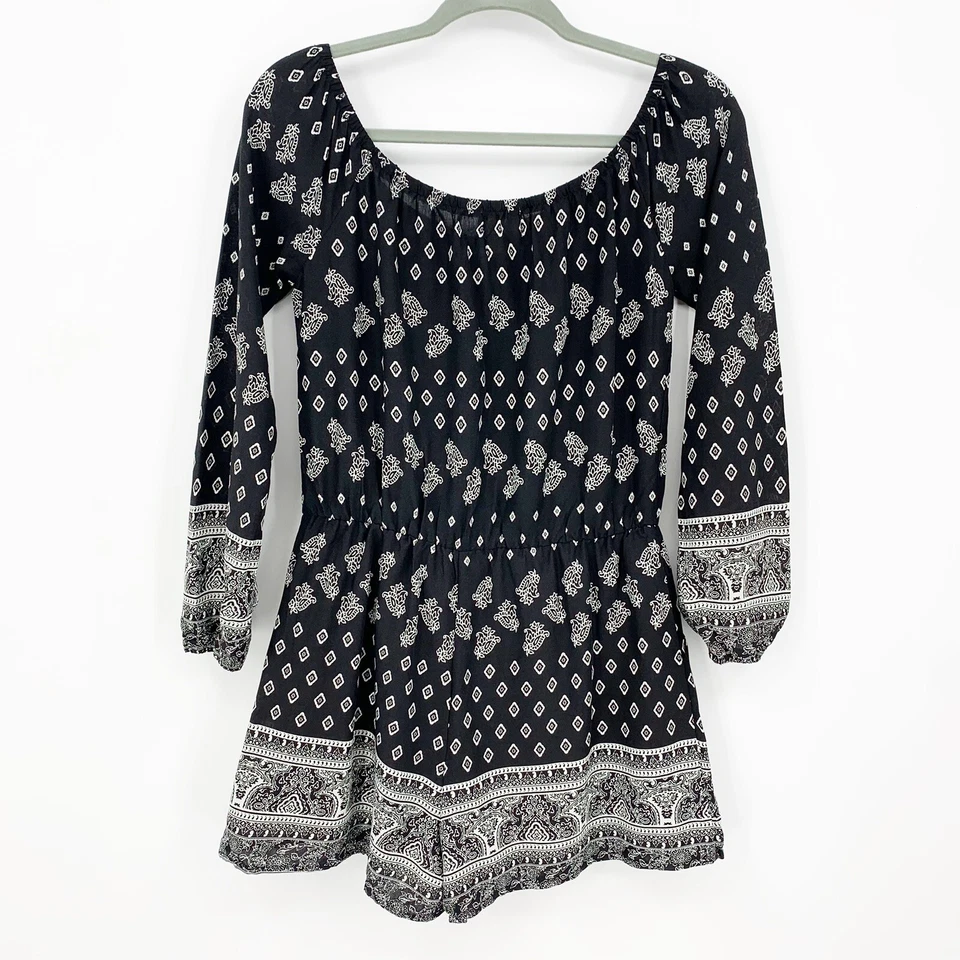 LA Hearts Romper Size M Off The Shoulder Ling Sleeve Tie Front Printed Paisley - Image 2 of 4