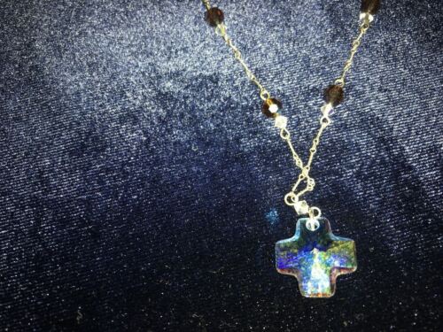 Swarovski Crystals 18" Necklace with Crystal Cross Vintage Jewelry - Picture 2 of 4
