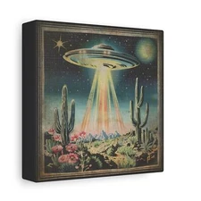 SCI-FI WESTERN UFO Canvas Wall Art, Alien Star Cactus Flower Celestial Decor