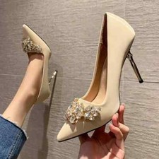 decolte scarpe donna eleganti beige strass argento 10 cm pelle sintetica 9249