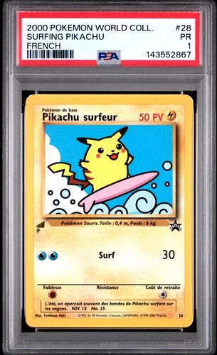 2000 POKEMON PIKACHU WORLD COLLECTION FRENCH #28 SURFING PIKACHU PSA 1