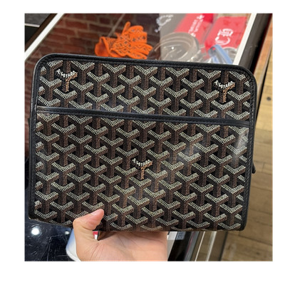 Goyard Goyardine Brown Black Clutch Silver Hardware Yellow Lining