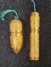2 Vtg Goldtone Ornate Sewing Case Thread Holder & Manicure Kit -Austria- B5