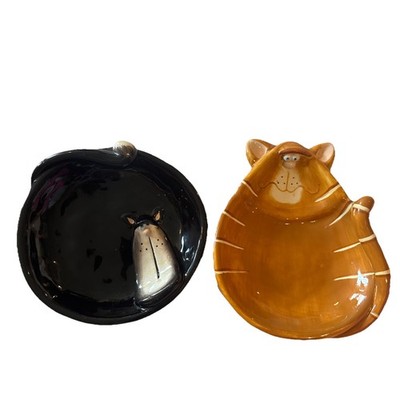 SET of 2 Russ Berrie Alley Katz Orange / Black Cat Trinket Dishes Soap Tray
