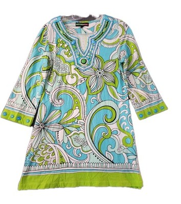Key Lime & Pink Embelished Hippie Boho Tunic Top Dress Retro 90s Sz L 3/4 Sleeve
