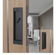 Privacy Pocket Door Lock Hardware, Hidden Handles, Black , Lock With Key, No Box