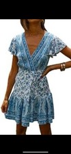 R. Vivimos Short Wrap Dress Womens M 8/10 Blue Floral Cottage Prairie BOHO Fairy